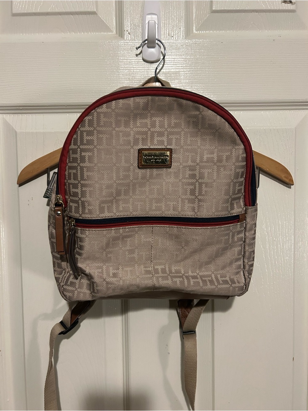 Tommy Hilfiger Beige Mini Backpack with Red Trim